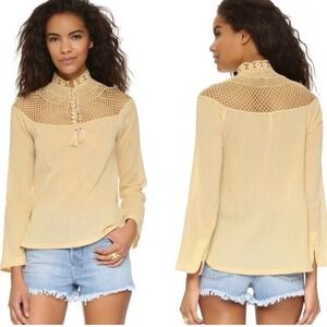 Free People On The Island Crochet Yoke High Neck Top Sz Large Tan Tie Gauzy Boho